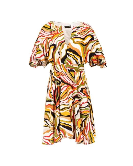 Conquista Brown Brick Colour Print Dress With Ruffle Sleeves