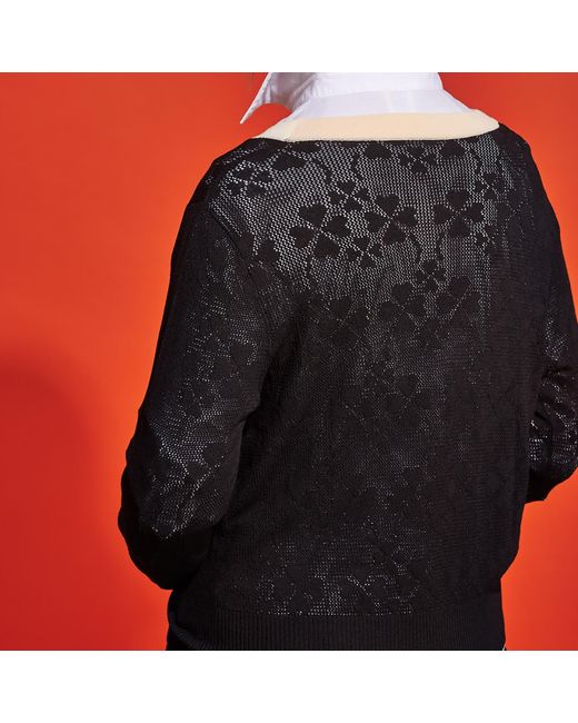 Roch Perel Black Pointelle Floral Stud Cardigan