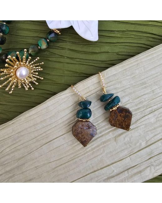 Farra Green Tiger-Eye With Bamboo Coral Earrings