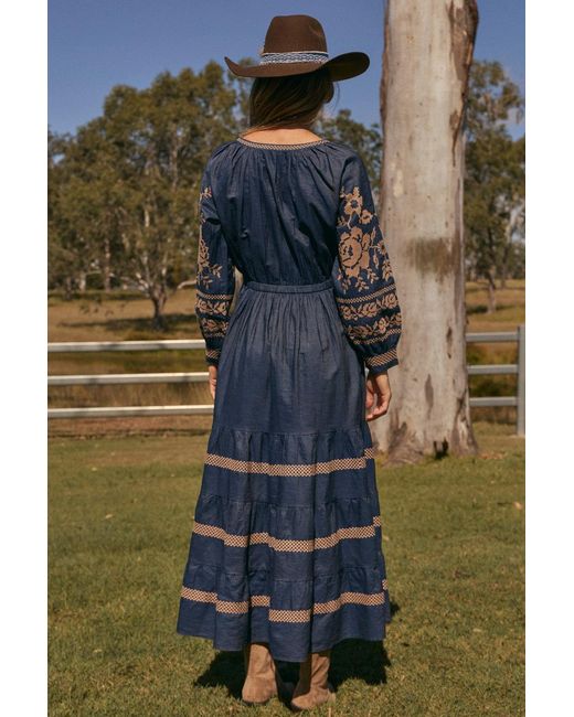 Adrift Clothing Blue Tabitha Embroidered Chambray Dress