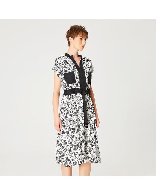 Smart and Joy Black Bi-Material Dress With Monochrome Floral Print And Drawstring Belt