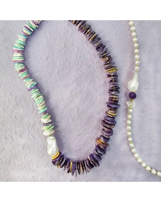 Farra Blue Vibrant Charoite And Colorful Shell With Baroque Pearl Necklace