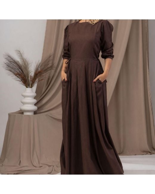 Nikka Place Brown Maxi Linen A-Line Dress With Bishop Sleeves And Pockets