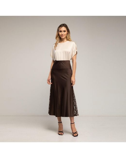 Tantra Spain Sl Brown A-Line Satin Midi Skirt With Side Slits And Lace, Elastic Waistband