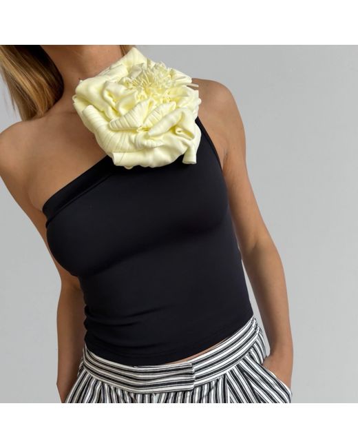 London Atelier Byproduct Black One Shoulder Top With Flower Pin