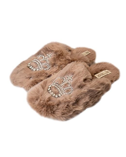 Rettrose Natural Neutrals Finley Mink Luxury Plush Diamanté Embellished Handmade Slipper