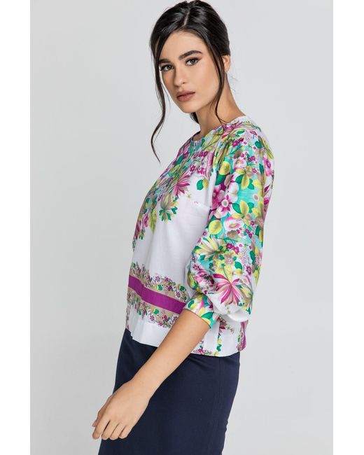 Conquista Multicolor Floral Print Top With Bishop Sleeves
