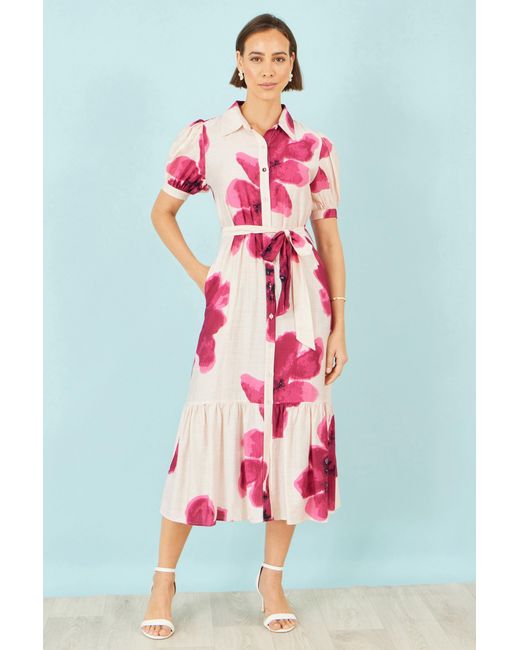 Yumi' Pink Scattered Floral Shirt Dress
