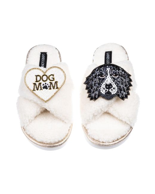 Laines London White Neutrals Laines Neutral Boucle Slippers With Bentley The Spaniel & Dog Mum Mom Brooches