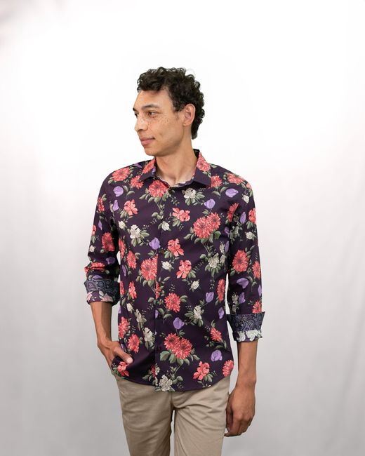 Lords of Harlech Red Floral Cotton Stretch Button-Down Shirt for men