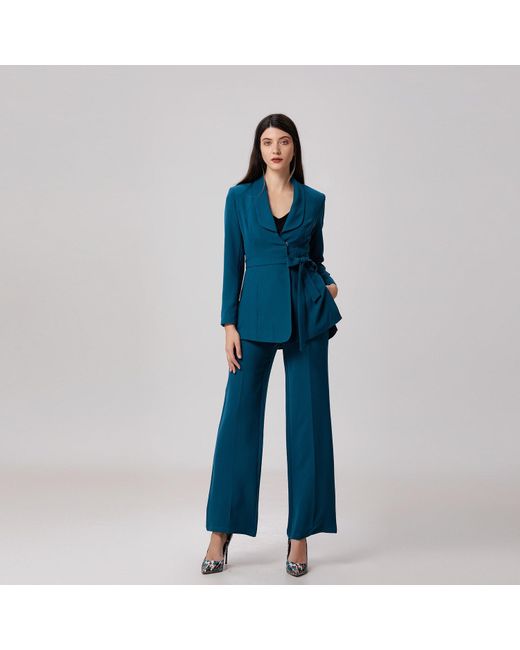 Smart and Joy Blue Long Tailor Knot On Waist Blazer