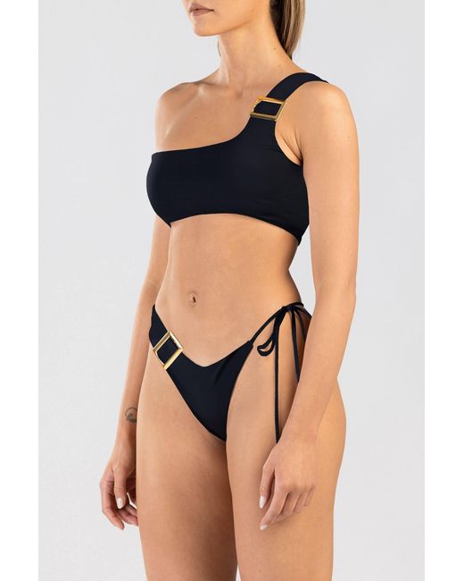 ANTONINIAS Black Dulcet Double Layered Asymmetric Bikini Bottom With Golden Details