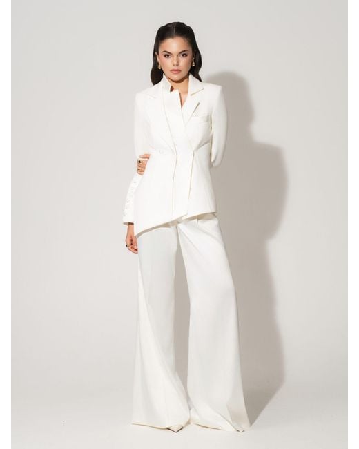 Tia Dorraine White Modern Power Tailored Asymmetric Suit – Pearl