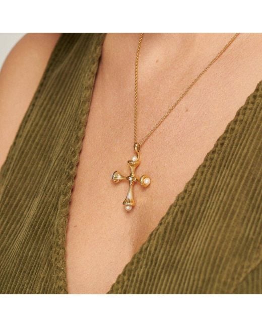 Lulu B London Metallic Pearl Cross Necklace With Cubic Zirconia