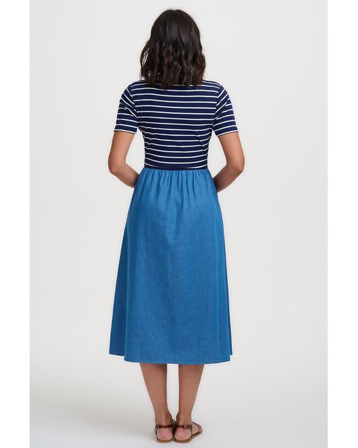 Sugarhill Blue Rhian Jersey & Woven Mix Midi Dress, Off, Stripe & Denim