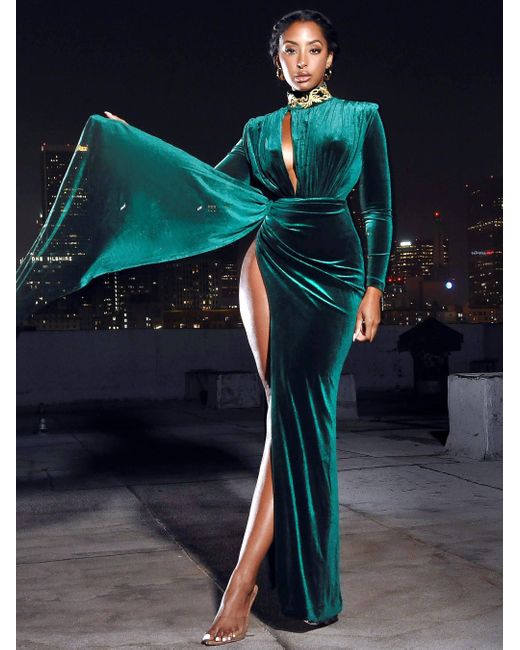 Miss Circle New York Green Zenaida Emerald Cutout High Slit Velvet Gown