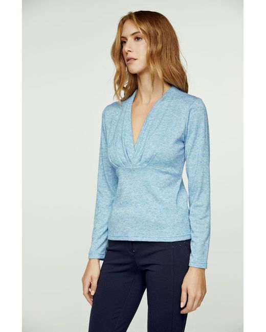 Conquista Blue Light Melange Knit V Neck Top