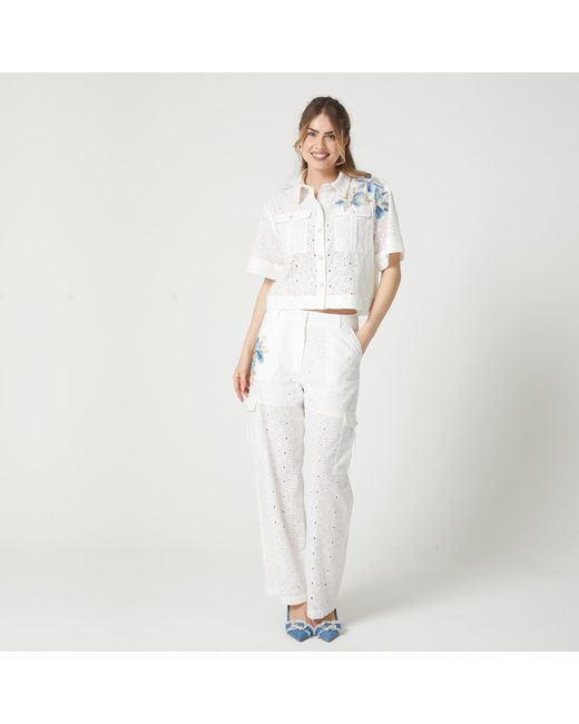 Lalipop Design White Broderie Anglaise Pants With Cargo Pockets