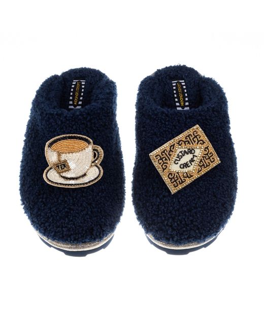 Laines London Blue Teddy Towelling Closed Toe Slippers With Tea & Biscuit Brooches