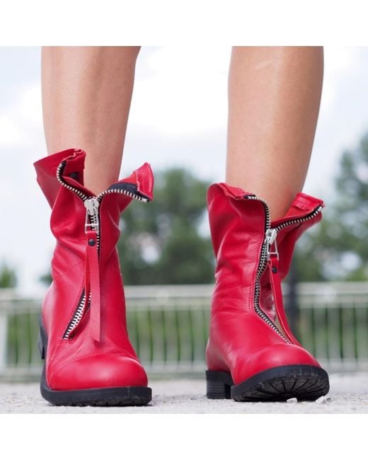 Adrenaline Fashion Red Leather Ankle Boots With Front Zipper Handmade Designer Flat Sole Footwear