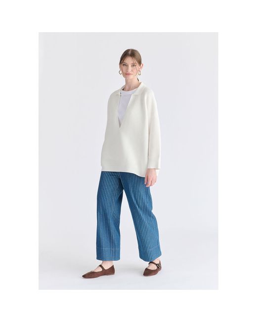 Paisie White Low Cut Polo Collar Ribbed Jumper