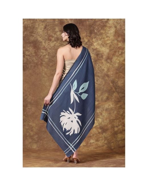 Heritagemoda Blue Luxury Wool-Silk Scarf – Hand-Painted Midnight With Pastel Floral Print