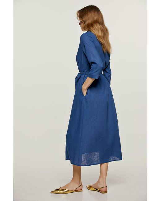 Conquista Blue Linen Style Midi Dress With Belt