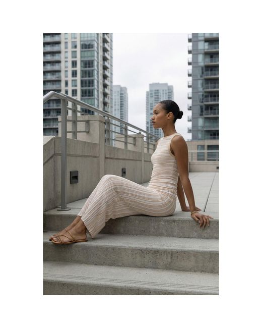 Modenaire Natural Striped Ribbed Knit Set With Fitted Tank And Midi Skirt