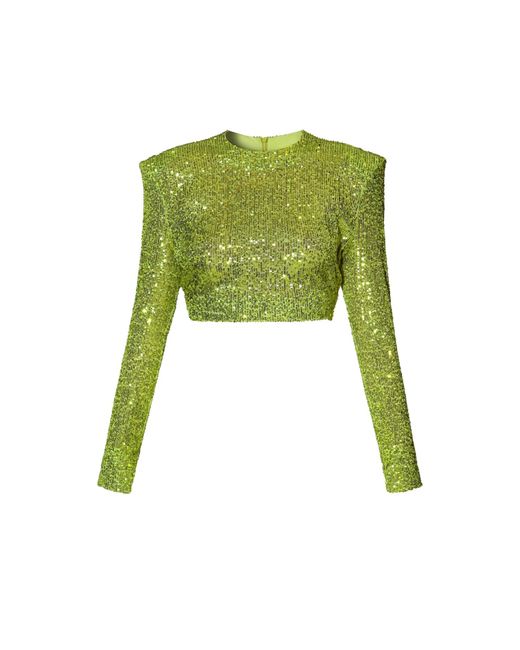 AGGI by HALEWSKI Green Zoey Lemon Sparkle Sequin Long Sleeve Crop Top