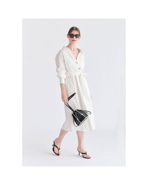 Paisie White Wrap Midi Shirt Dress With Metallic Button Details
