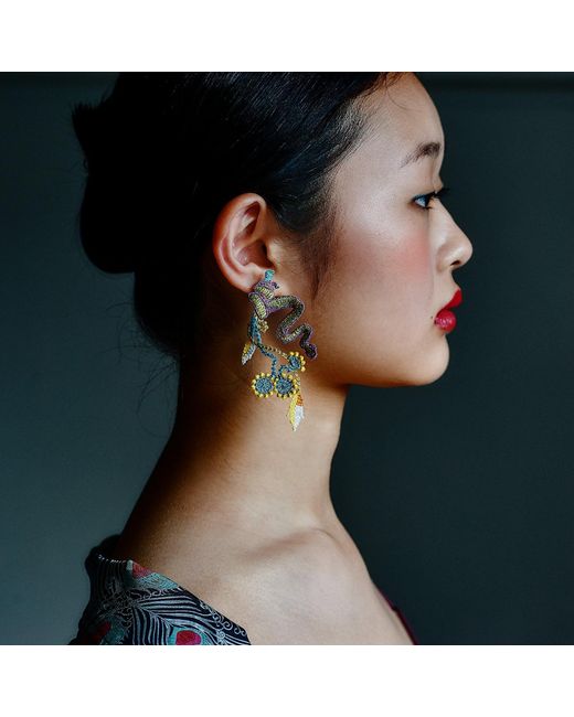 Nana Watanabe Multicolor Garden Snake Floral Embroidered Earrings