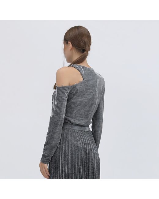 Smart and Joy Gray Asymmetric One Off-Shoulder Shiny Top