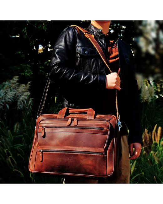 Touri Brown Genuine Leather Briefcase With Multiple Pockets for men