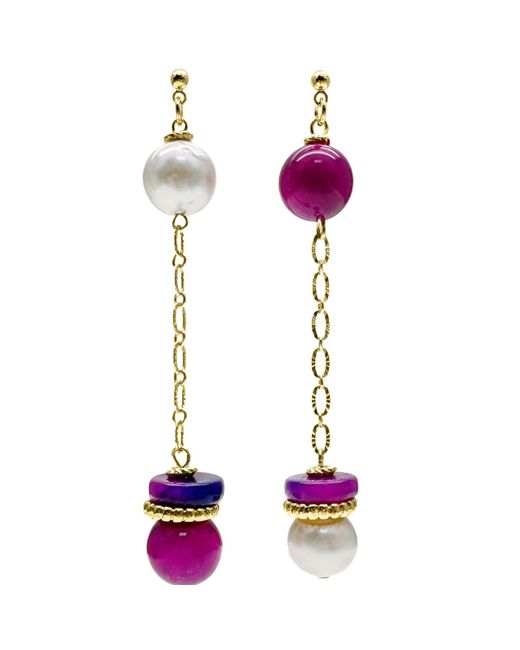 Farra Purple Gray Freshwater Pearls And Magenta Gemstone Dangle Earrings