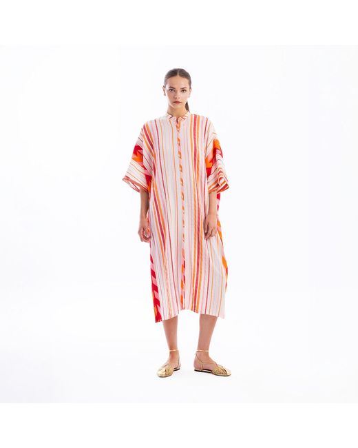 Haris Cotton Pink Button-Down Embroidered Cotton Kaftan