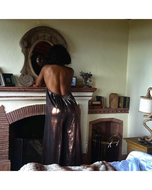 NALÈ Brown Bronze Metallic Wide Leg Halter Jumpsuit