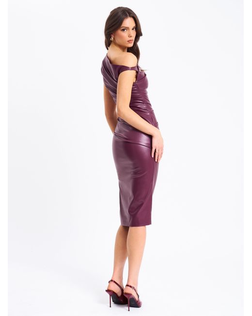 Miss Circle New York Purple Sabina Leather Slash Neck Midi Dress