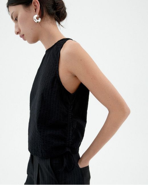 Thinking Mu Black Gathered Seersucker Florence Top