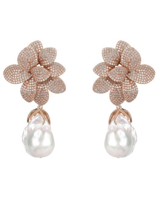 Latelita London Multicolor Rose Amaryllis Flower Baroque Pearl Drop Earrings Rosegold