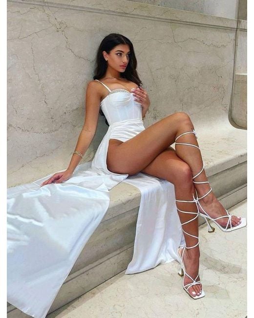 Miss Circle New York White Vanity Satin High Slit Draping Corset Gown With Crystals