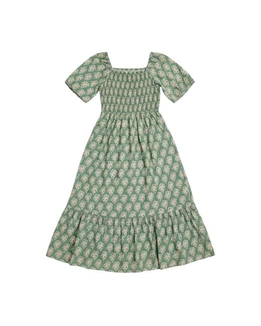 LAtelier London Green Block Print Smocked Cotton Midi Dress