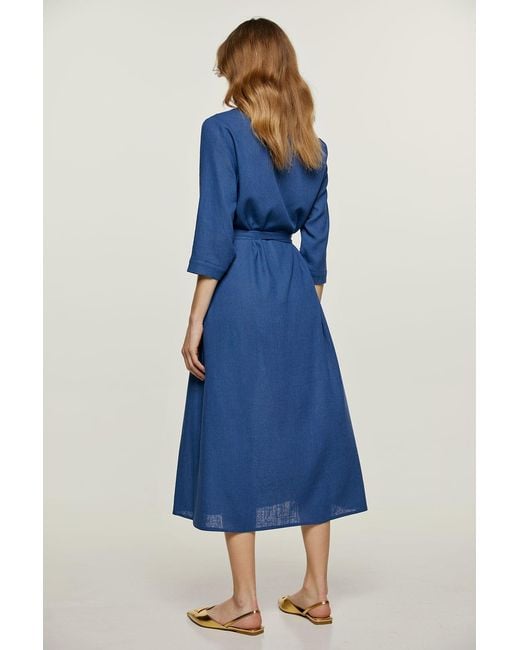 Conquista Blue Linen Style Midi Dress With Belt