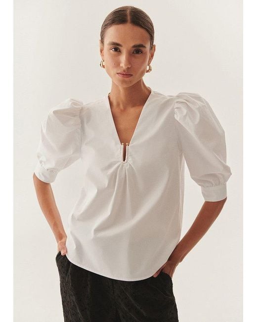 Exquise White Regular Puff Sleeve Poplin Keyhole Blouse