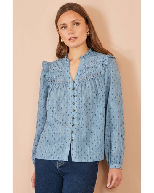 Yumi' Blue Cotton Lace Detail Shirt