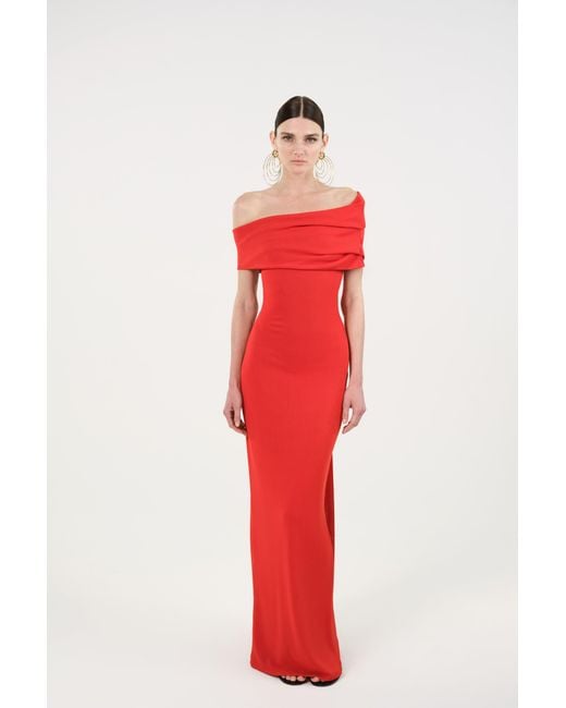 Nocturne Red Asymmetric Strapless Maxi Dress