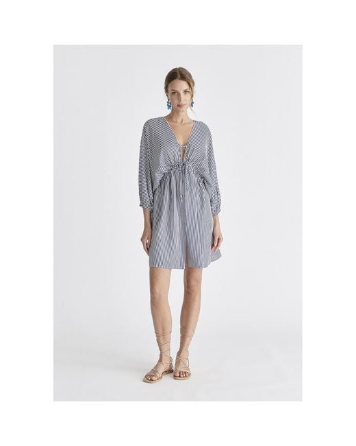 Paisie Blue V-Neck Balloon Sleeve Dress