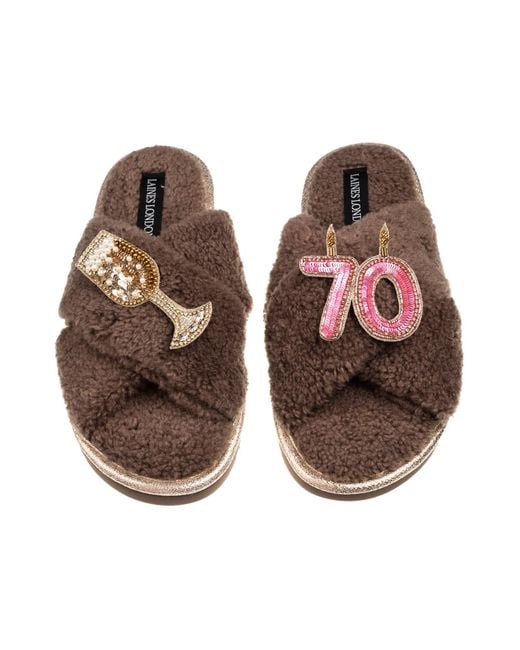 Laines London Brown Neutrals Laines Neutral Boucle Slippers With 70Th Birthday & Champers Brooches