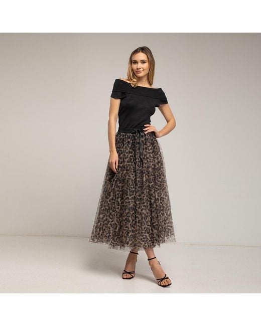 Tantra Spain Sl Brown Multi-Layered Tulle Midi Skirt, A-Line Cut, Animal Print, Elastic Waistband