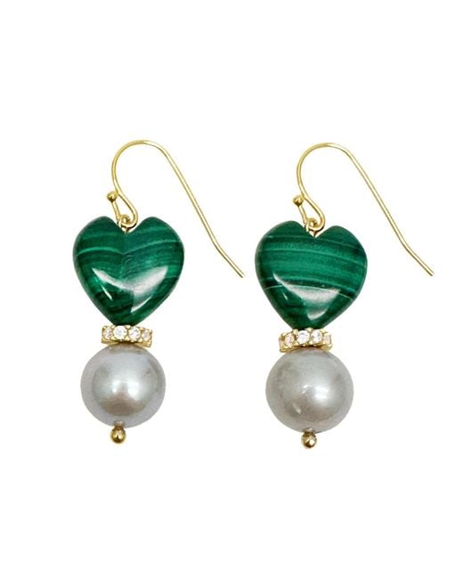Farra Green Heart Malachite With Freshwater Pearls Dangle Earrings