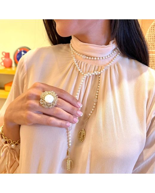 Farra Metallic Romantic Style Floral Freshwater Pearl With Crystal Cocktail Ring
